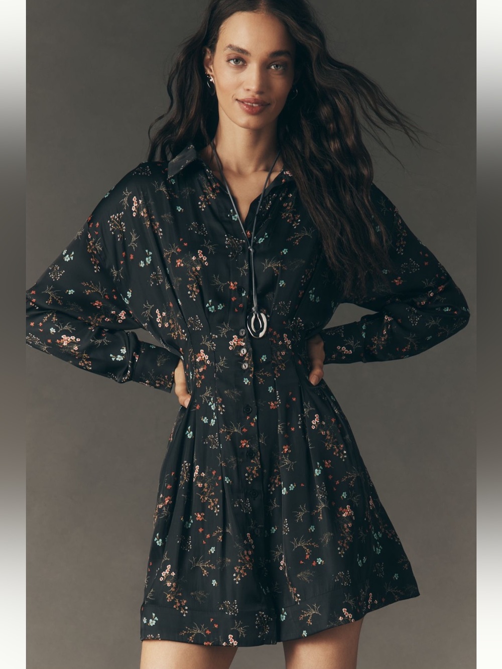 Anthropologie Romantic Tobie Black Satin Floral Mini Shirt Dress NWT L Femme